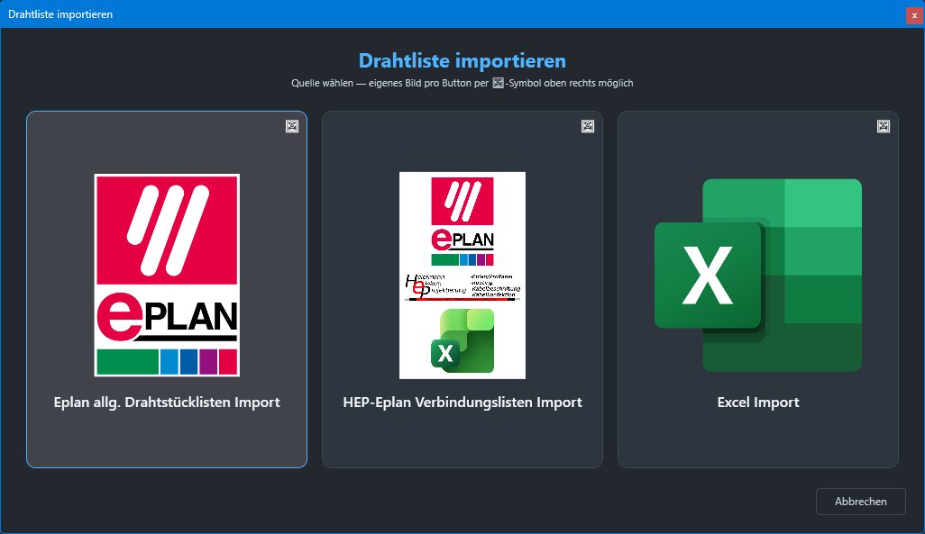 Import-Auswahl: EPLAN Drahtstückliste, Verbindungsliste oder Excel